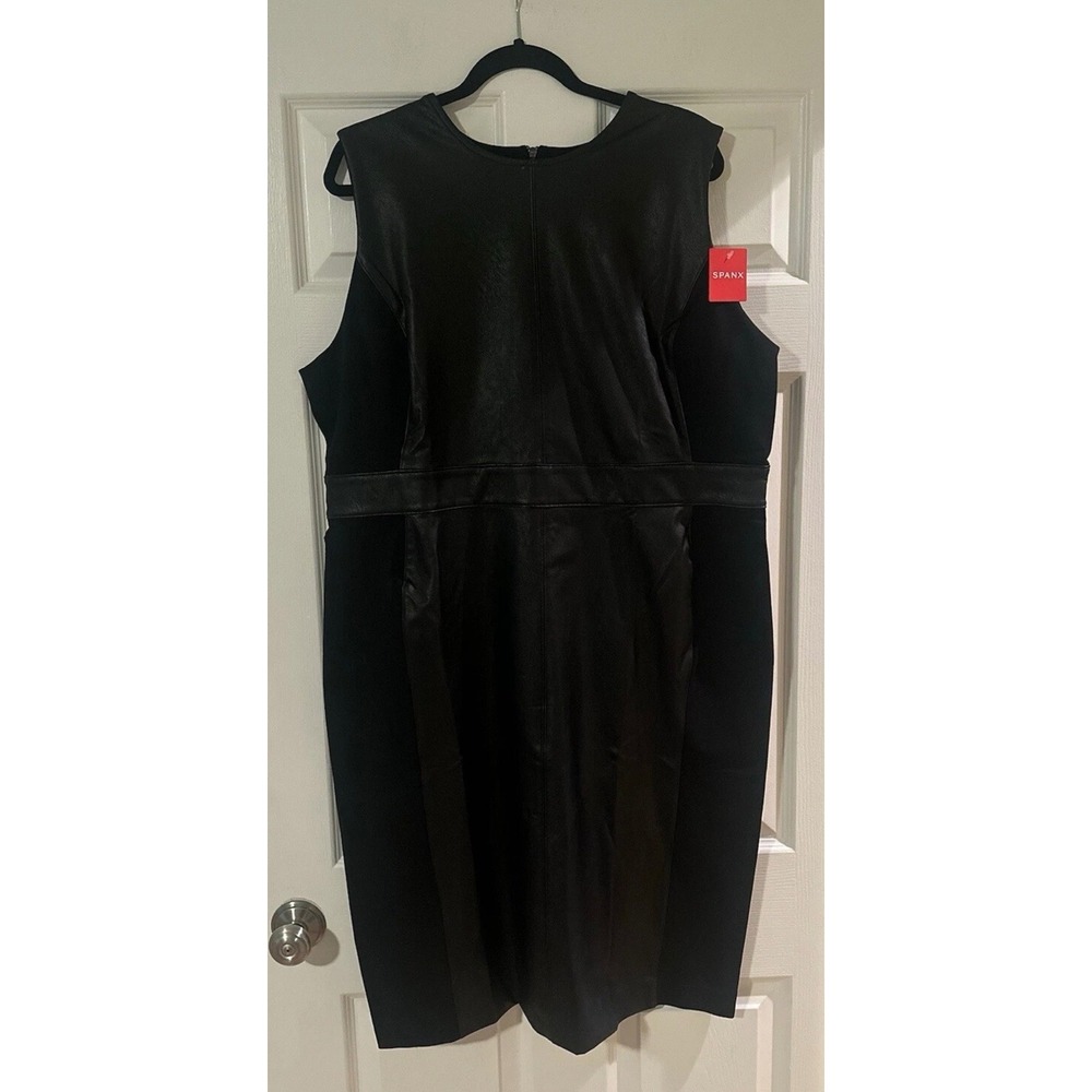SPANX Vegan Leather Combo Plus Size 2X Sheath Stretch Black Bodycon Dress NEW